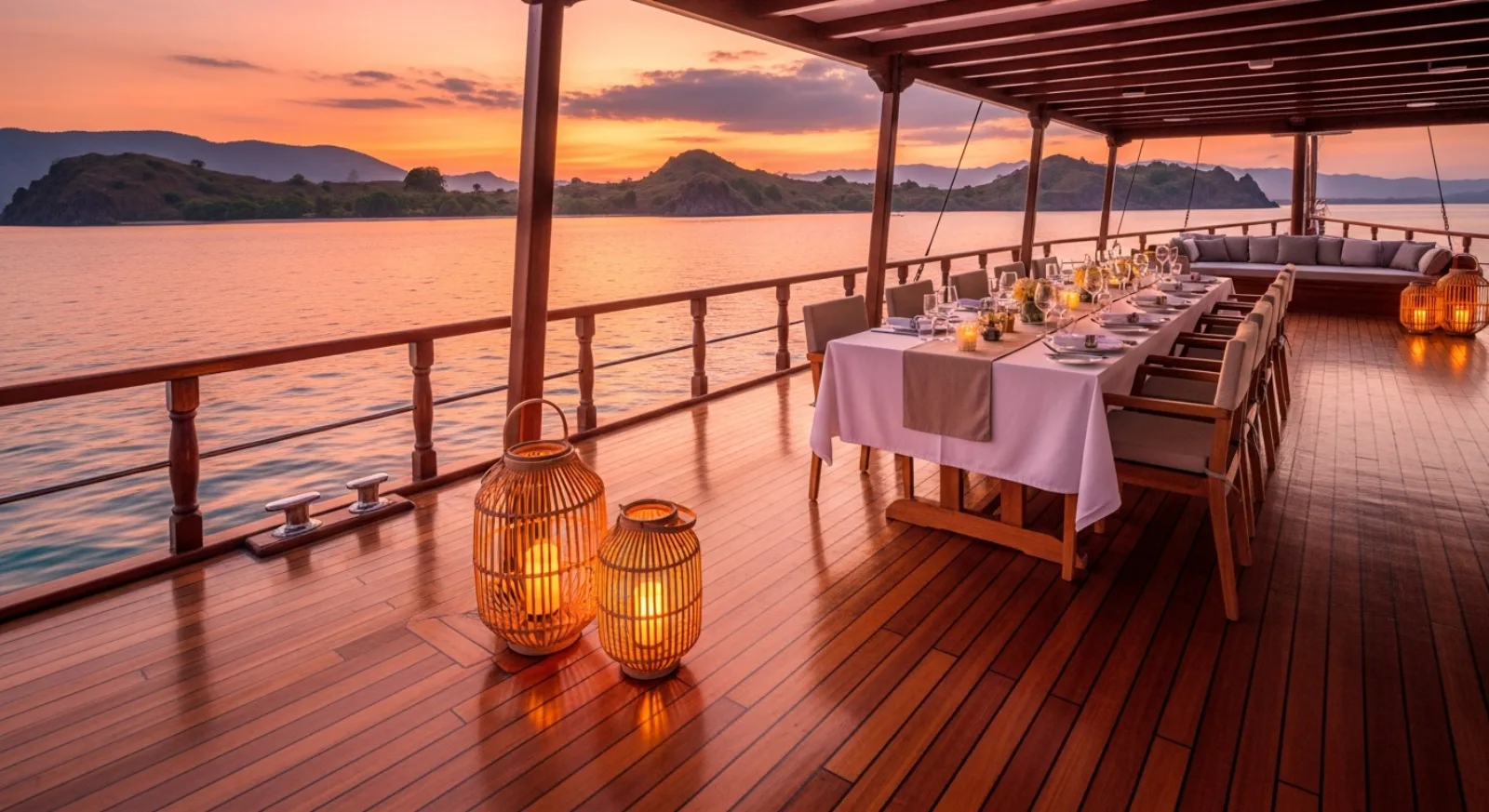 Phinisi deck under sail at sunset