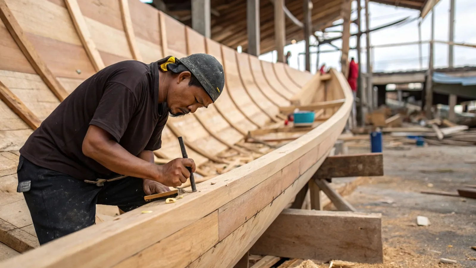 Shipwright shaping a phinisi hull by hand at a Bulukumba beach yard
